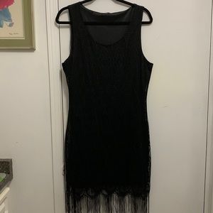 Venus Fringe Black Lace Overlay Dress
